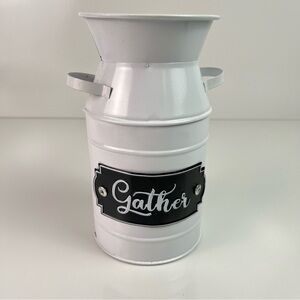 White Metal Farmhouse Style Milk Can Utensil Holder Vase with Black “Gather”